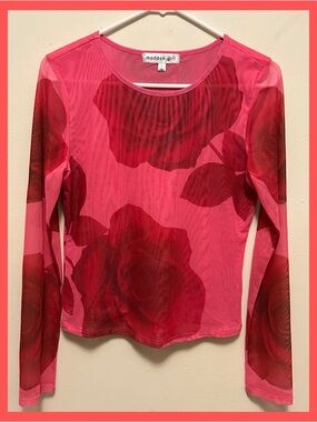 Madden Girl Hot Pink Rose-Print Long Sleeve Top
